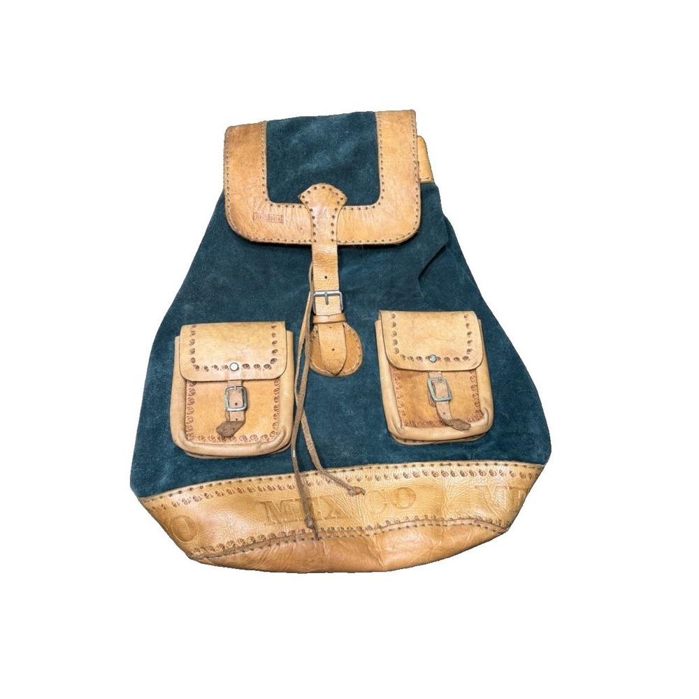 Vintage Handmade Mexico Leather & Suede Backpack Boho Rustic Large 18" Rucksack